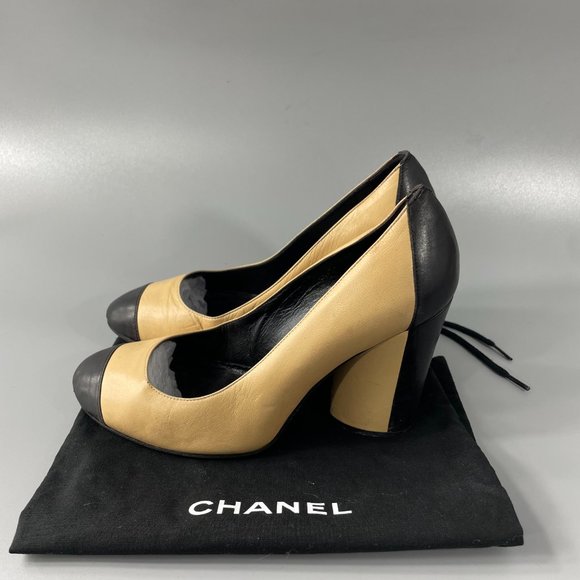 Authentic Chanel Tan and Black Cap-Toe Pumps,  Size 36 - Picture 6 of 12